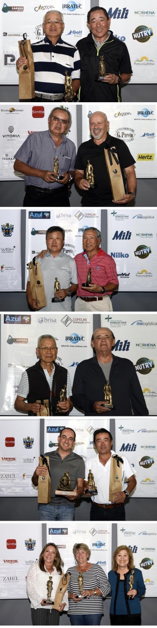Foto, de cima para baixo: pódio da até 14, com Shozo Karasawa e Masakazu Shoji; podio da 14,1 a 23, com Mario Numada e Humberto Monte Neto, da Federação Baiana de Golfe; pódio da 23,1 a 32, com Jorge Chung e Yocito Fukuda, os campeões por idade, Massaki Sawada e José Moron; campeões do pré-sênior, com Émerson Godinho e Laercio Suguimoto; campeãs femininas, Marise Sawada, Elke Jarosch e Yoneko Ikegami